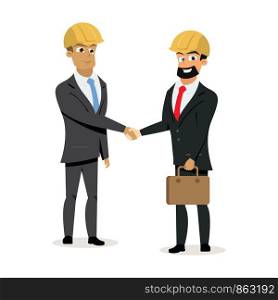Construction Companies Leaders, Business Partners, Building Investors in Protective Helmets, Happy Smiling and Shaking Hands Flat Vector Isolated on White Background. Successful construction contract