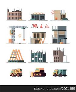 Construction complex. Engineer builders making big little houses steel and brick construction stages vector colored ortogonal style isolated. Illustration building industry, development house complex. Construction complex. Engineer builders making big little houses steel and brick construction stages garish vector colored ortogonal style pictures isolated on white