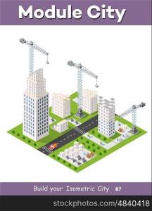 Construction crane heavy industrial industry with skyscrapers, houses, streets. Urban modern quarter of the city. Isometric view of the projection of the landscape