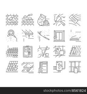 construction crane house work icons set vector. building industry, civil architecture, build worker engineer, helmet, concrete home construction crane house work black contour illustrations. construction crane house work icons set vector