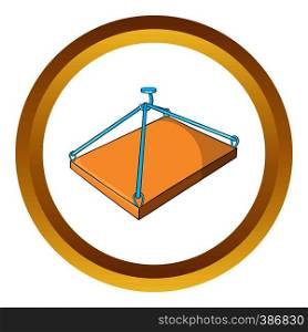 Construction crane with platform vector icon in golden circle, cartoon style isolated on white background. Construction crane with platform vector icon