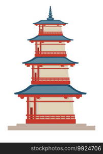 Construction designed in oriental style, isolated building in china or japan. Chinese type of temples or towers with wood and concrete. Tourist destination, architecture of asia, vector in flat. Asian country architecture, traditional construction of tower vector