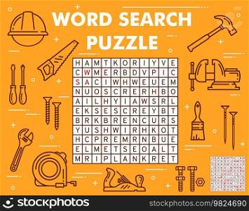 Construction, DIY and repair tools on word search puzzle game worksheet. Child quiz grid, logical riddle or puzzle with words finding activity. Kids educational game with builder, carpenter tools. Construction, DIY and repair tool word search game