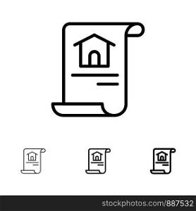 Construction, Document, Home, Building Bold and thin black line icon set