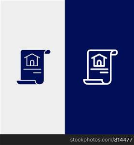 Construction, Document, Home, Building Line and Glyph Solid icon Blue banner Line and Glyph Solid icon Blue banner