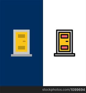 Construction, Door, House Icons. Flat and Line Filled Icon Set Vector Blue Background