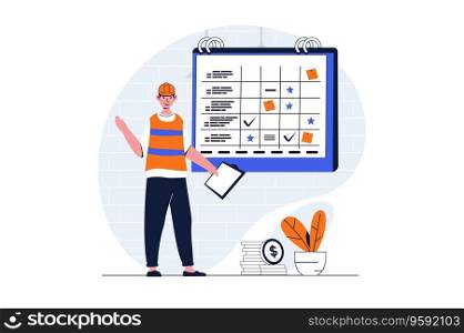 Construction engineer web concept with character scene. Man creating plan and deadline for building process. People situation in flat design. Vector illustration for social media marketing material.