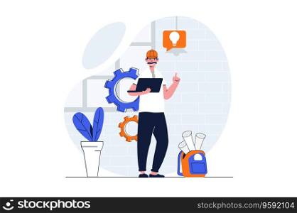 Construction engineer web concept with character scene. Man generates ideas and creating building blueprint. People situation in flat design. Vector illustration for social media marketing material.