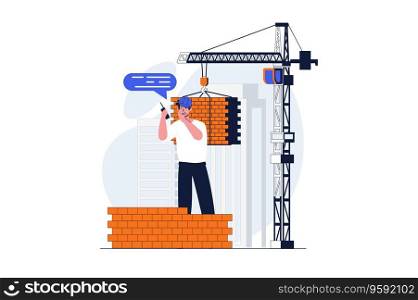 Construction engineer web concept with character scene. Man worker loading bricks with crane at building site. People situation in flat design. Vector illustration for social media marketing material.