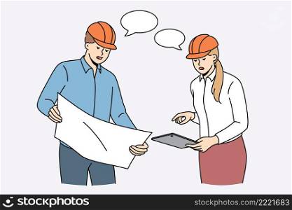 Construction engineers and workers concept. Young woman and man workers engineers teammates in helmets standing and discussing plan of blueprints construction vector illustration . Construction engineers and workers concept