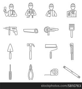 Construction equipment and tools icons line set isolated vector illustration. Construction Icons Line