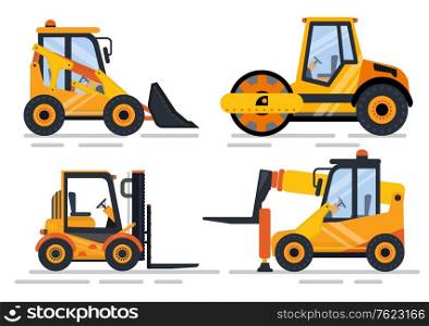 Construction equipment vector, builder tool and machinery. Isolated set of transport, bulldozer and loader lifter and excavator flat style machines. Special machines for the construction work. Construction Equipment, Machinery for Building