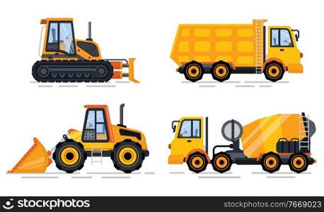 Construction equipment vector, isolated machinery transport for work. Bulldozer and tractor, cement mixer and excavator, building working process. Cement Mixer and Truck Transporting Cargo Set