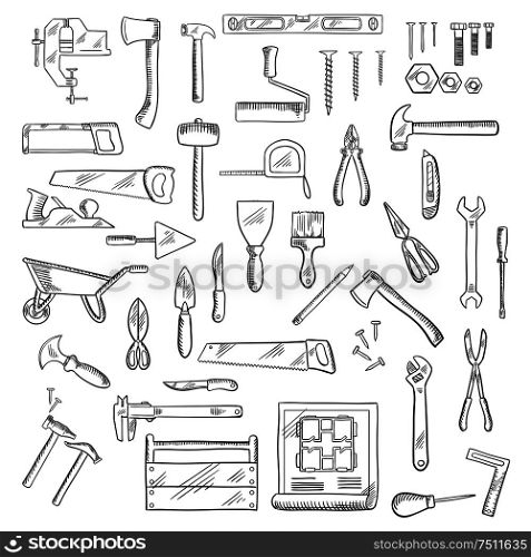 Construction hand tools icons of hammer and axe, saws and wrench, screwdrivers and scissors, trowel and spatula, paintbrush and roller, knives and fastener, pliers ans toolbox, blueprint, wheelbarrow and ruler. Construction and repair tools or equipment