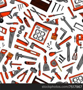 Construction hand tools seamless pattern background with hammers, screwdrivers and spanners, pliers, axes and trowels, paint brushes and rollers, knives, saws and scissors, nails and fasteners, drawings, rullers and carpentry instrument kits. Seamless pattern of construction tools background