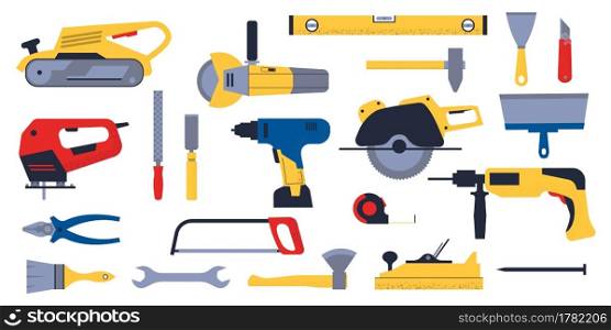 Construction hardware. Cartoon home repair tools. Building carpentry and electric engineering equipment. Isolated handy house instruments set. Vector saw and spatula, modern drill or grinder machine. Construction hardware. Home repair tools. Building carpentry and electric engineering equipment. Handy house instruments set. Vector saw and spatula, modern drill or grinder machine