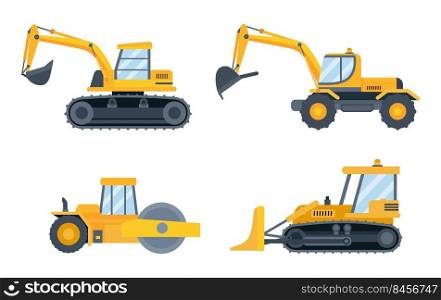 Construction heavy equipment. Cartoon engineering machines for building as excavator, bulldozer, tractor and loader. Yellow industrial vehicles for business isolated on white vector set. Construction heavy equipment. Engineering machines for building as excavator, bulldozer, tractor and loader