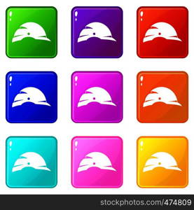 Construction helmet icons of 9 color set isolated vector illustration. Construction helmet icons 9 set