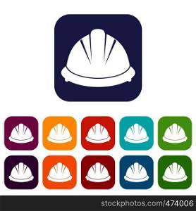 Construction helmet icons set vector illustration in flat style In colors red, blue, green and other. Construction helmet icons set