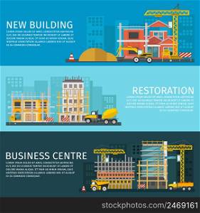 Construction horizontal banners set with new building restoration of houses and business centre isolated vector illustration. Construction Horizontal Banners Set
