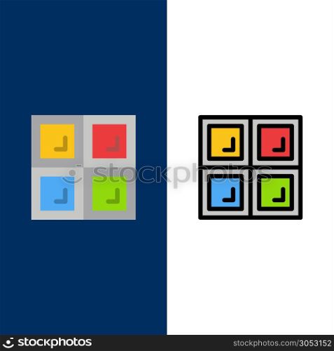 Construction, House, Window Icons. Flat and Line Filled Icon Set Vector Blue Background