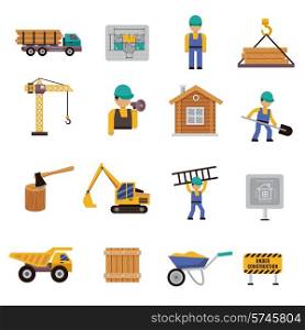 Construction icon flat set with engineer builder crane bulldozer isolated vector illustration