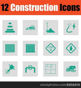 Construction icon set. Green on gray design. Vector illustration.