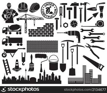 Construction icon set (wheelbarrow, hammer, nail, mason worker with brick and trowel, shovel, traffic cone, hard hat, cranes, silhouette of the city, wall)