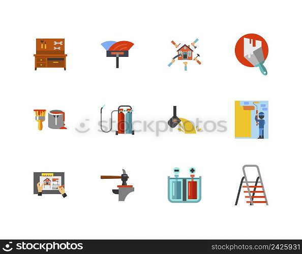 Construction Icon Set.Workbench Spatula For Installation Floor Renovation Plastered Wall Paint Can Oxy Fuel Welding Melting Iron House Remodeling Hammer And Anvil Galvanization Folding Ladder
