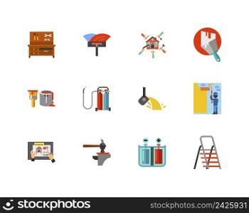 Construction Icon Set.Workbench Spatula For Installation Floor Renovation Plastered Wall Paint Can Oxy Fuel Welding Melting Iron House Remodeling Hammer And Anvil Galvanization Folding Ladder