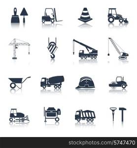Construction icons black set with hammer crane helmet drill symbols isolated vector illustration