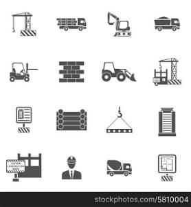 Construction icons flat black set with bulldozer mixer and lifter isolated vector illustration. Construction Icons Flat
