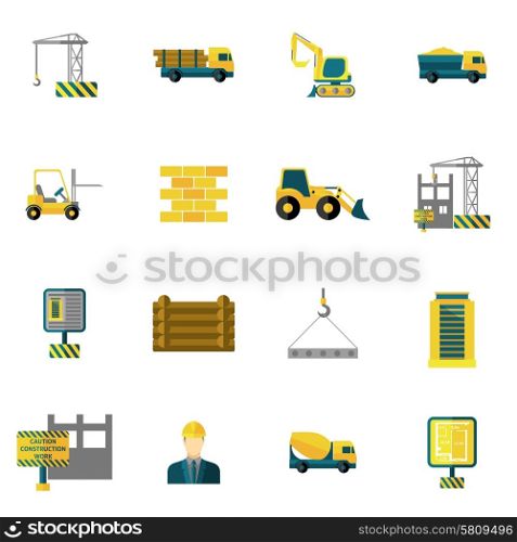 Construction icons flat set with building industry and engineering tools isolated vector illustration. Construction Icons Flat