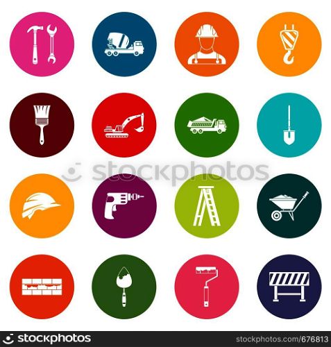 Construction icons many colors set isolated on white for digital marketing. Construction icons many colors set