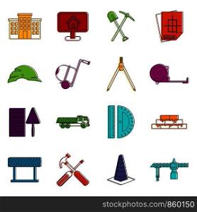 Construction icons set. Doodle illustration of vector icons isolated on white background for any web design. Construction icons doodle set