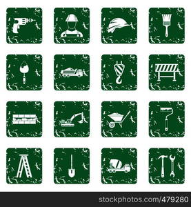 Construction icons set in grunge style green isolated vector illustration. Construction icons set grunge