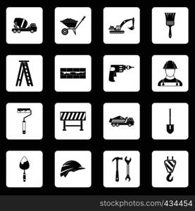 Construction icons set in white squares on black background simple style vector illustration. Construction icons set squares vector