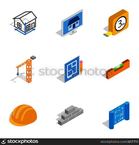 Construction icons set. Isometric 3d illustration of 9 construction vector icons for web. Construction icons, isometric 3d style