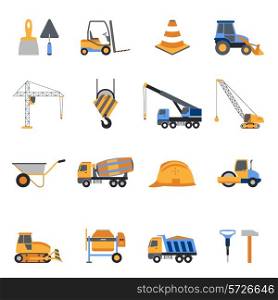 Construction icons set with builder tools and vehicles isolated vector illustration
