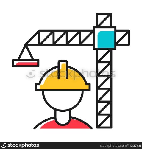 Construction industry color icon. Building sector. Crane builder in helmet. Industrial engineering. Construction housing, infrastructure. Real estate development. Isolated vector illustration
