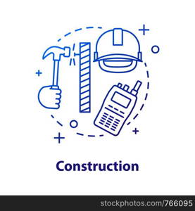 Construction industry concept icon. Architecture idea thin line illustration. Industrial safety helmet, hand hammering nail, walkie talkie. Building development. Vector isolated outline drawing. Construction industry concept icon