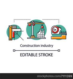Construction industry concept icon. Design and building of houses. Housing sector. Real estate development idea thin line illustration. Vector isolated outline drawing. Editable stroke