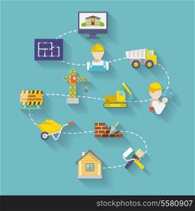 Construction industry house building stages elements flat design vector illustration