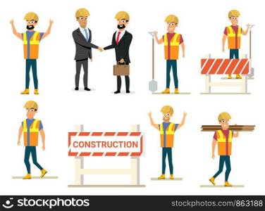 Construction Industry Professionals Flat Vectors Set with Satisfied Business Partners, Company Ceos in Safety Helmets Shaking Hands, Happy Smiling Builders Working on Site Isolated on White Background