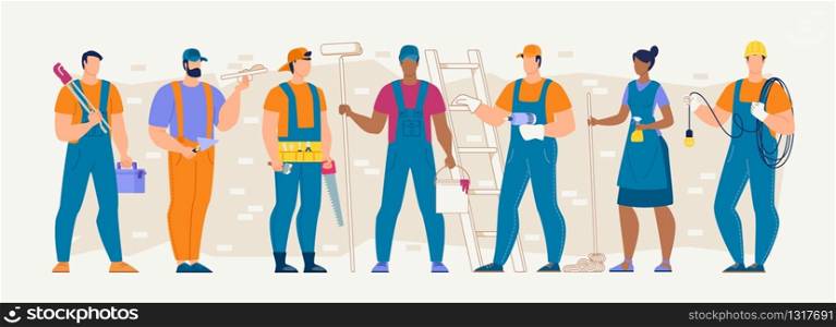 Construction Industry Professions and Workforce Flat Vector Concept with Various Specialties Male and Female Workers in Uniform Standing in Row with Work Tools and Equipment in Hands Illustration
