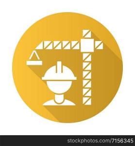 Construction industry yellow flat design long shadow glyph icon. Building sector. Crane builder in helmet. Construction housing, infrastructure. Real estate development. Vector silhouette illustration