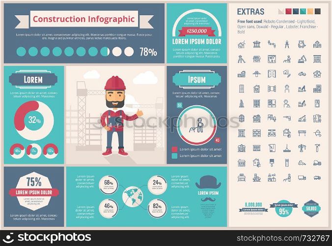 Construction infographic template and elements. The template includes illustrations of hipster men and huge awesome set of thin line icons. Modern minimalistic flat vector design.. Constraction flat design Infographic Template
