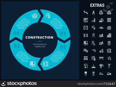 Construction infographic template, elements and icons. Infograph includes customizable circular diagram, line icon set with construction worker, builder tools, repair person, house building etc.. Construction infographic template and elements.