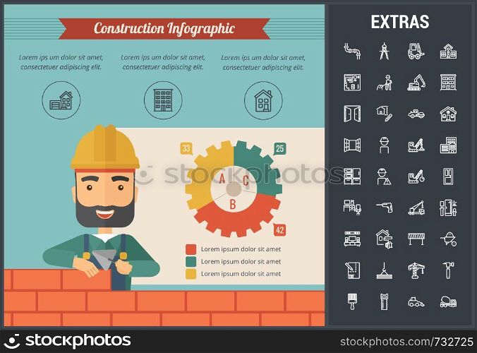 Construction infographic template, elements and icons. Infograph includes customizable graph, line icon set with construction worker, builder tools, repair person, house building, building project etc. Construction infographic template and elements.