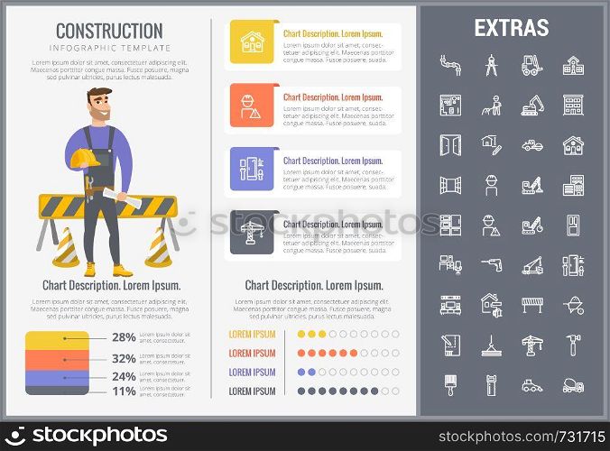Construction infographic template, elements and icons. Infograph includes customizable graphs, charts, line icon set with construction worker, builder tools, repair person, house building etc.. Construction infographic template and elements.